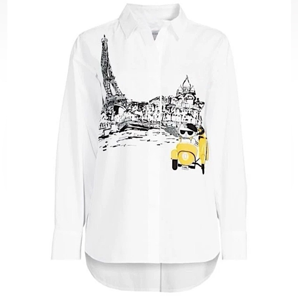 KARL LAGERFELD PARIS Choupette Scooter Graphic Button Down Blouse Small